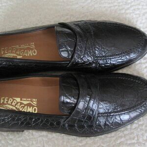 Salvatore Ferragamo Black Crocodile Alligator Penny Loafer Shoes Sz 10.5 B